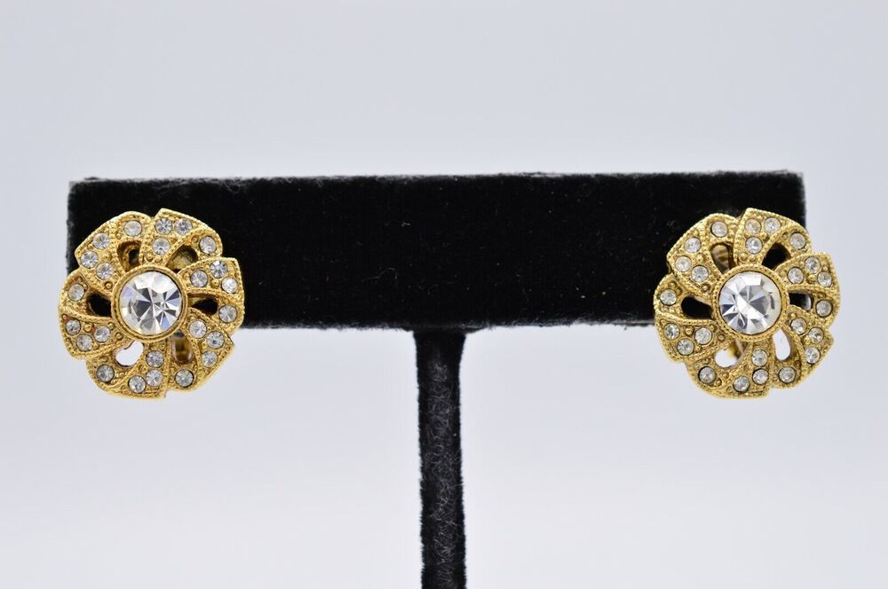 1928 Vintage Clip On Earrings Rhinestone Crystal Flower Huggie 1980s BinAF